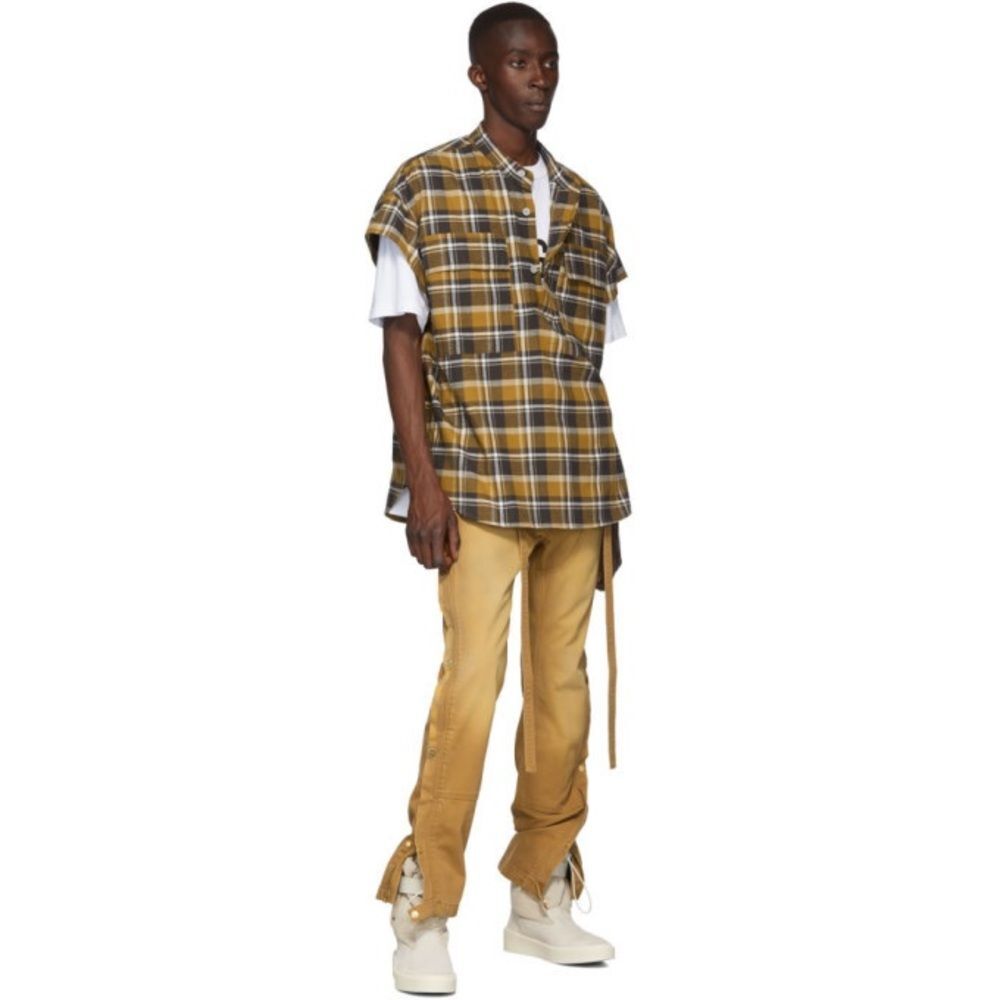 Fear of God Tan Plaid Short Sleeve Band Collar Flannel Shirt - Men's S - NEW!